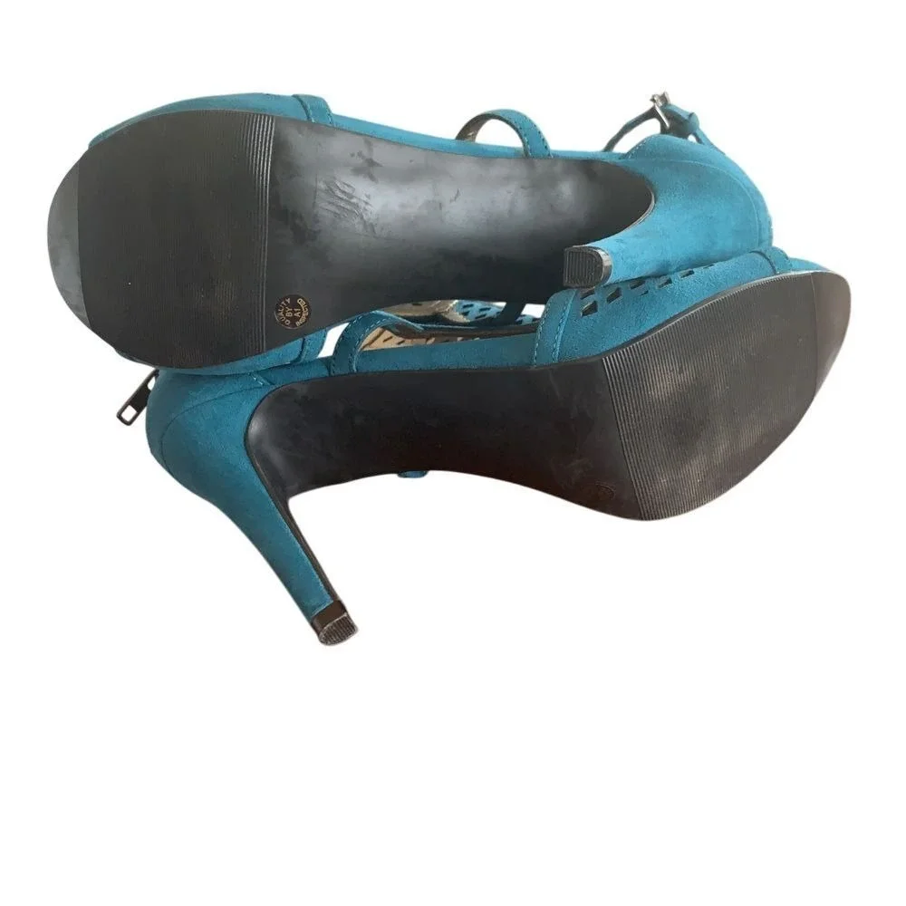 Worthington Raskel Heels 6.5 Teal Faux Suede Laser Cut Peep Toe Stiletto